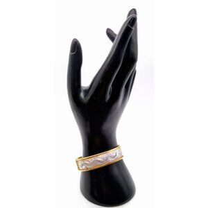 Elegantly Etched Clamper Bracelet, Two Tone Hinged Bangle with Spirals on Outsid